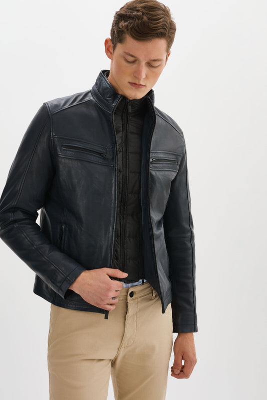 BOB Navy Leather Jacket With Detachable Bib