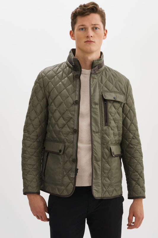 MAJOR Olive/Mid-Brown Quilted Jacket With Leather Detailing