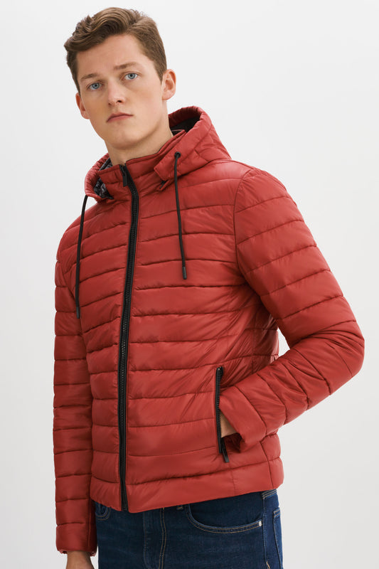 MAZEL Red Puffer Jacket With Removable Hood