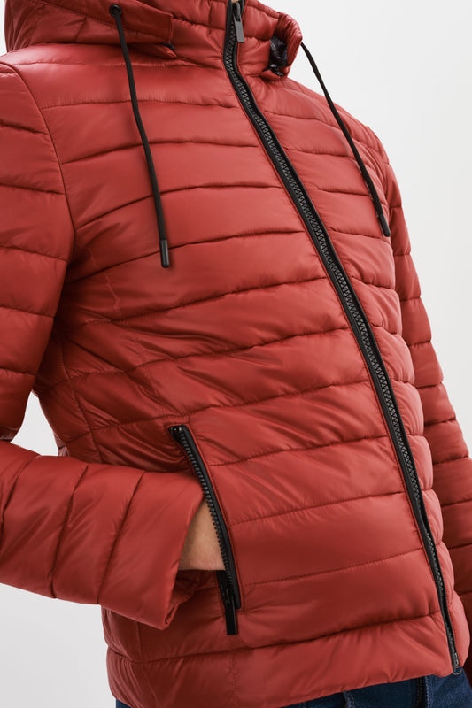 MAZEL Red Puffer Jacket With Removable Hood