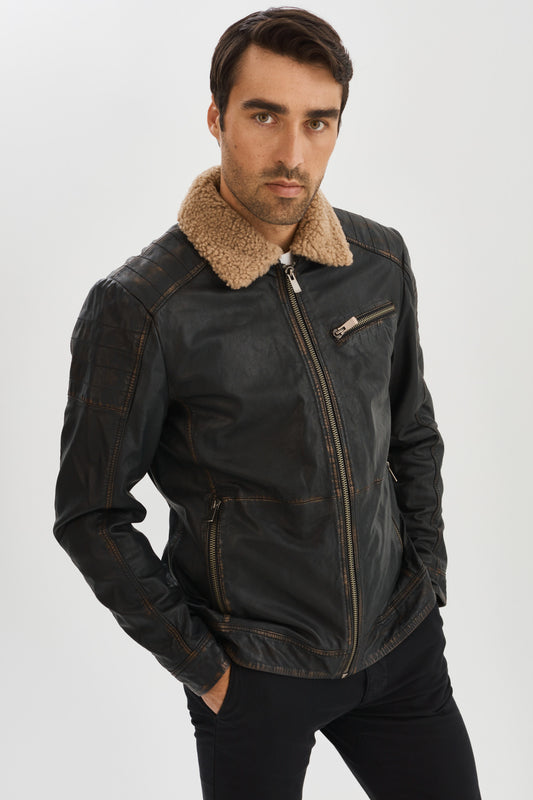 61454 Distressed Leather Jacket with Detachable Collar