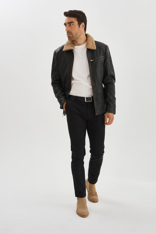 61454 Distressed Leather Jacket with Detachable Collar