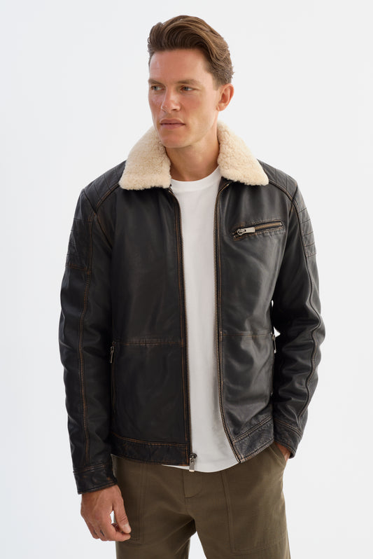 61454 Distressed Leather Jacket with Detachable Collar