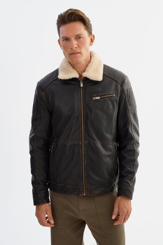 61454 Distressed Leather Jacket with Detachable Collar