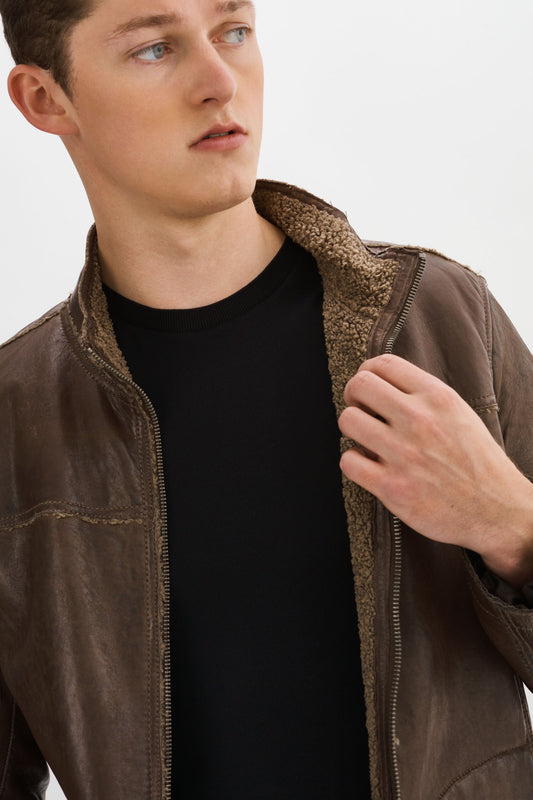 EDWARD-F Leather Jacket with Bonded Faux Shearling Interior