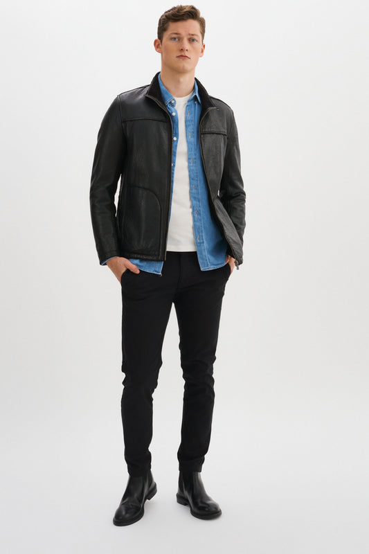 EDWARD-F Leather Jacket with Bonded Faux Shearling Interior