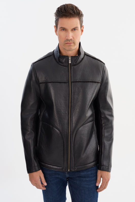 EDWARD-F Leather Jacket with Bonded Faux Shearling Interior