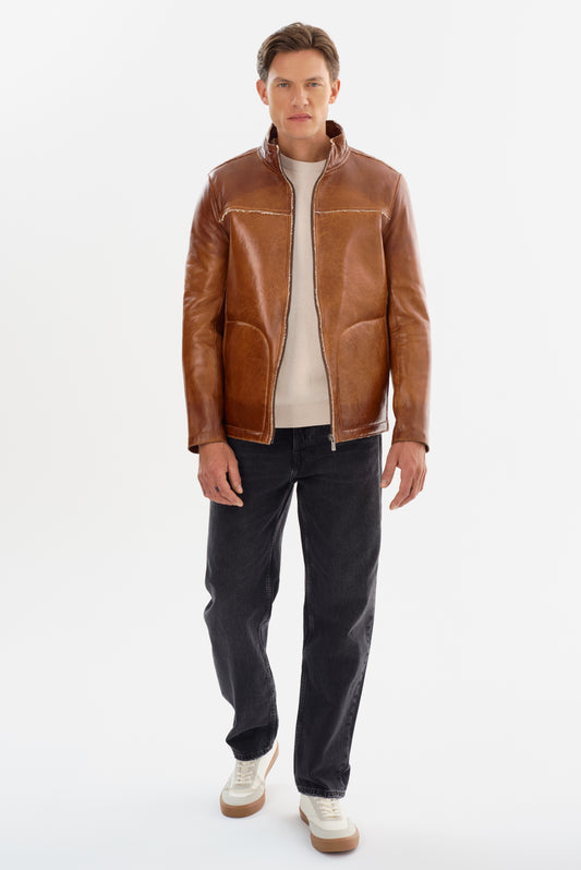 EDWARD-F Leather Jacket with Bonded Faux Shearling Interior