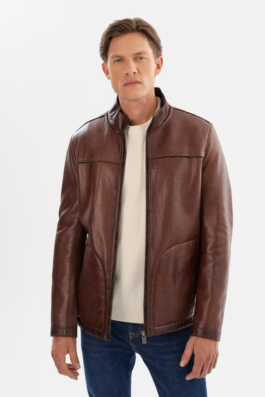 EDWARD-F Leather Jacket with Bonded Faux Shearling Interior