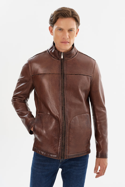 EDWARD-F Leather Jacket with Bonded Faux Shearling Interior