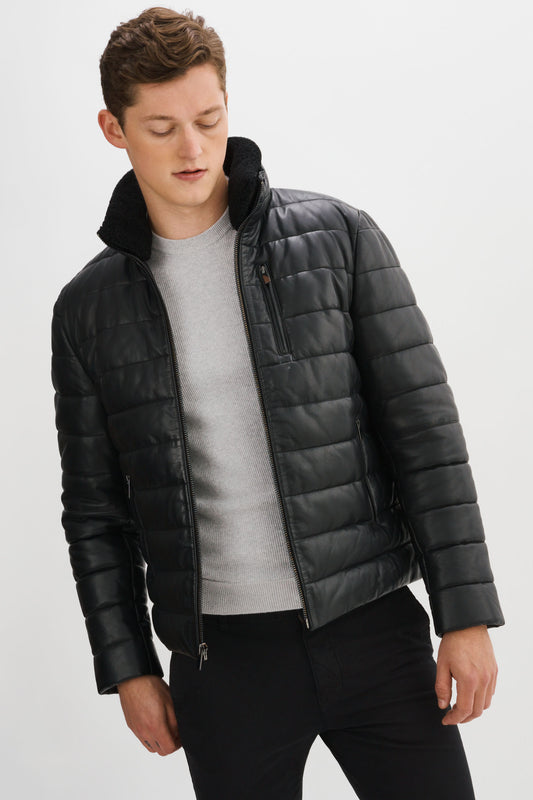 HENERY Leather Puffer Jacket With Removable Shearling Collar