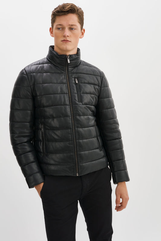HENERY Leather Puffer Jacket With Removable Shearling Collar