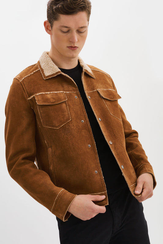 JEAN JKT-K Cognac Suede Jacket with Faux Sherpa