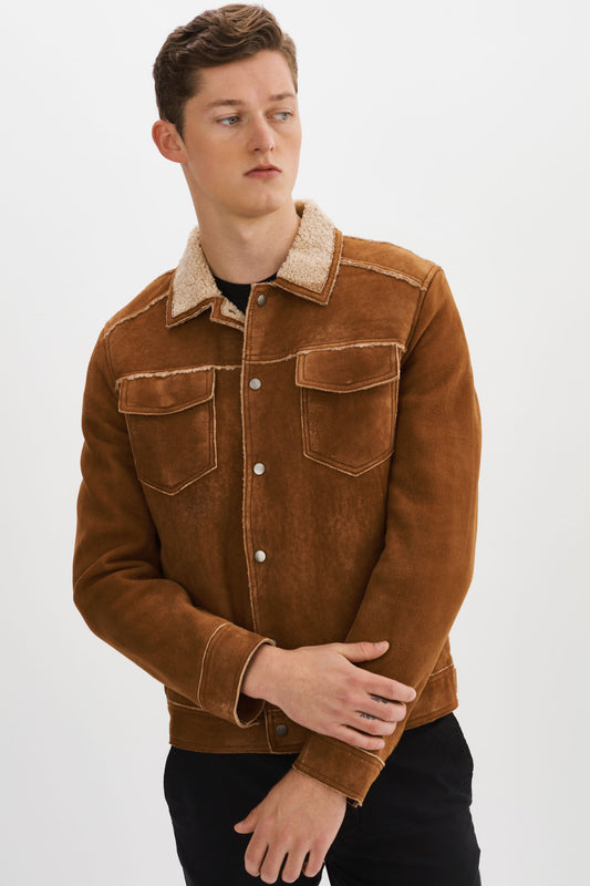 JEAN JKT-K Cognac Suede Jacket with Faux Sherpa