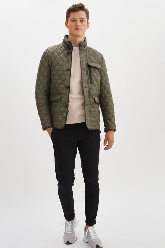 MAJOR Olive/Mid-Brown Quilted Jacket With Leather Detailing