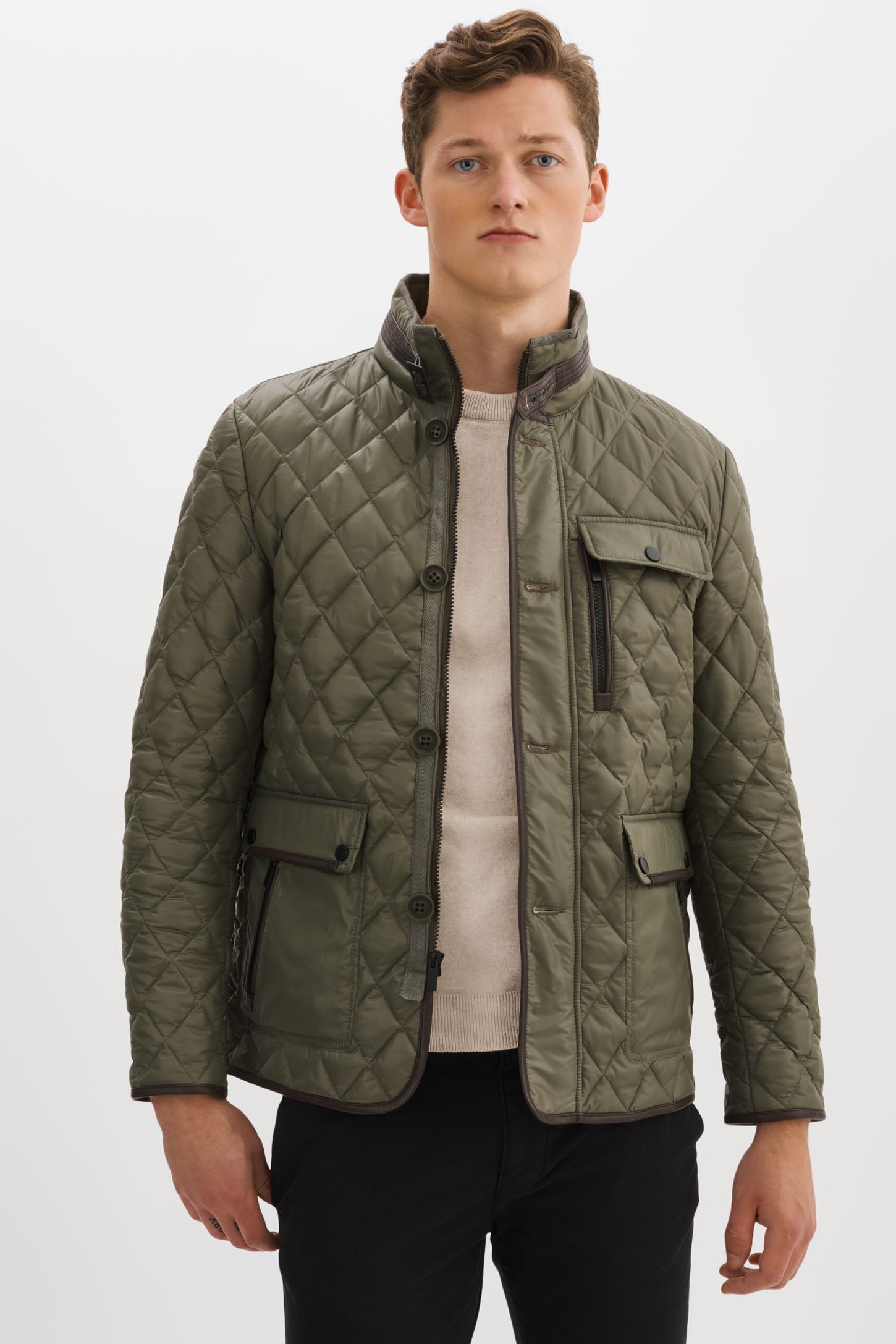 MAJOR Olive/Mid-Brown Quilted Jacket With Leather Detailing – REGENCY ...