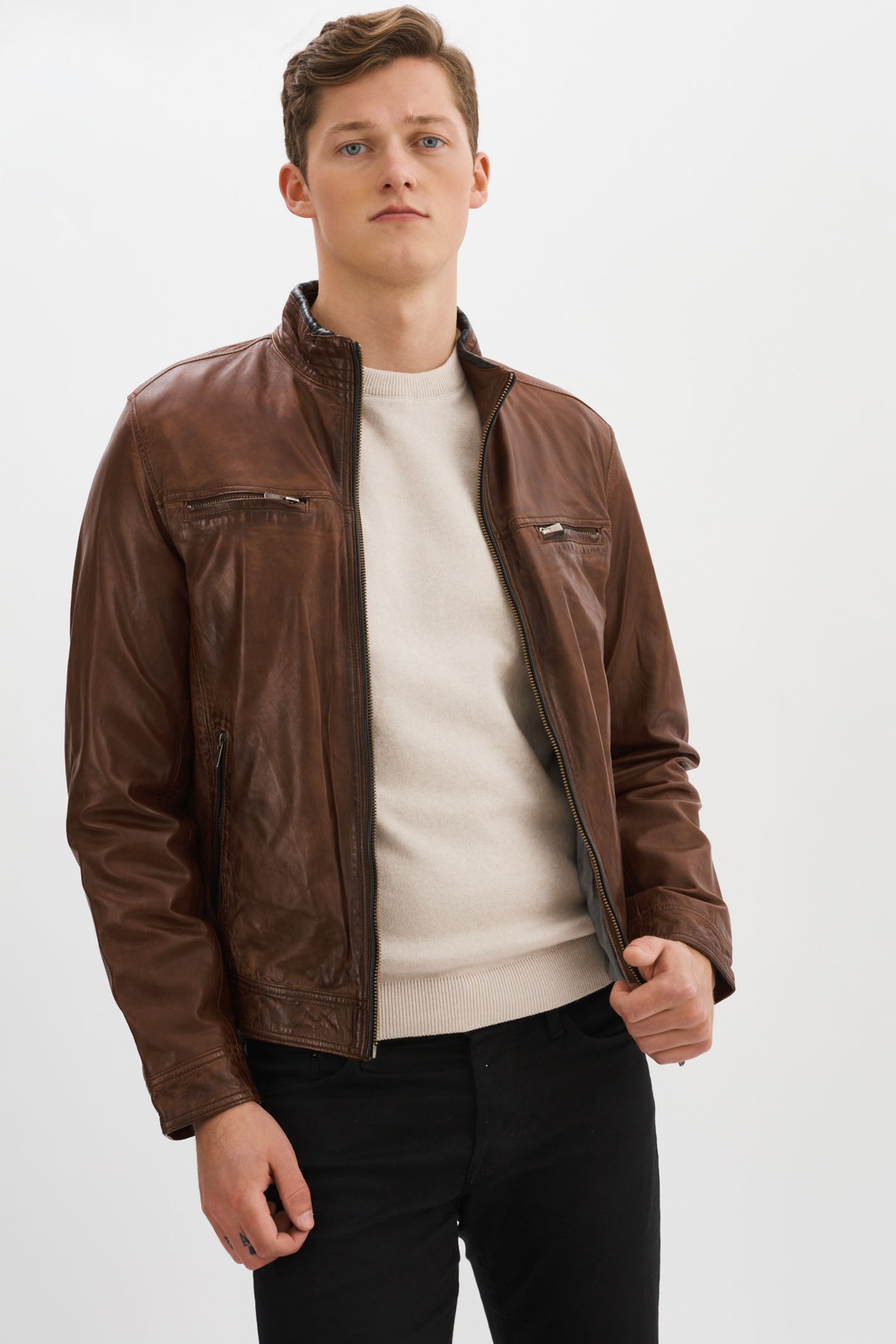 STANLEY Brown/Black Leather Racer Jacket – REGENCY Leathers
