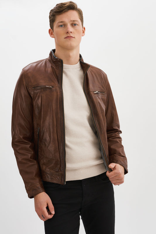 STANLEY Brown/Black Leather Racer Jacket