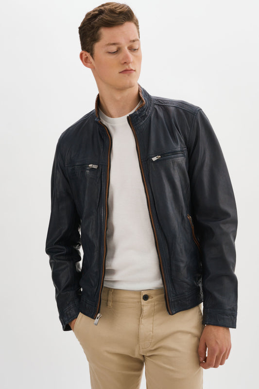 STANLEY Navy/Cognac Leather Racer Jacket