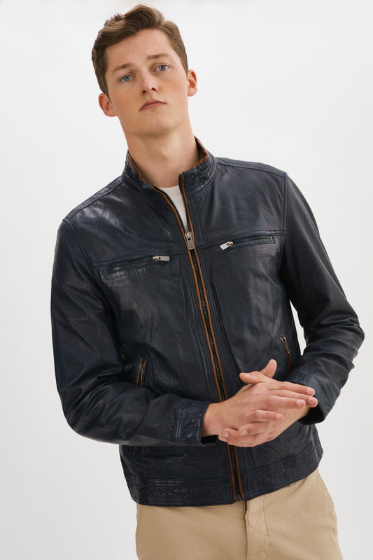 STANLEY Navy/Cognac Leather Racer Jacket